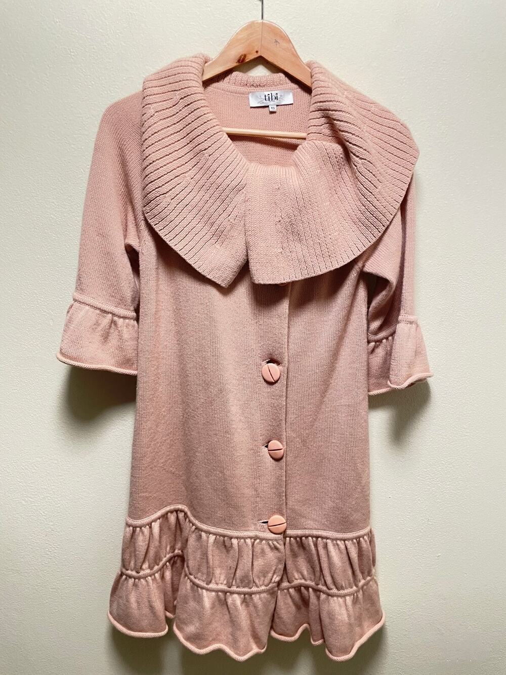 Tibi Womens Coatigan XS Pink Merino Wool Blend Shawl Collar Ruffle Duster Preppy